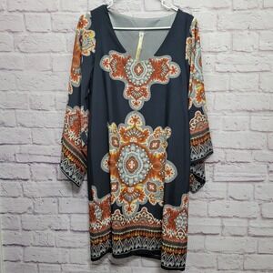 Uncle Frank Moroccan Print Dress Sz S Bell Sleeve Tunic Lined Boho Hippie Lounge